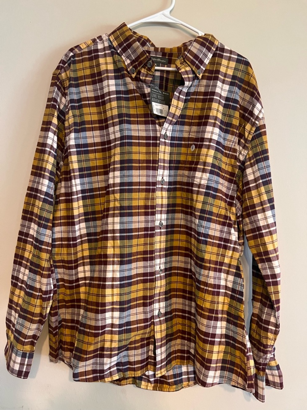 Eddie Bauer Men's Plaid Button-Down Shirt - Yellow, Brown, White